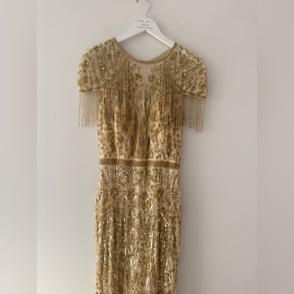 MAC DUGGAL Gold Embellished Fringe Cap Sleeve Trumpet Gown 10 - Picture 9 of 13